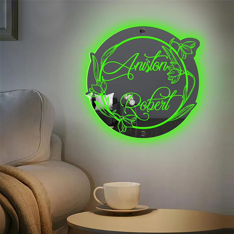 Personalized Round Mirror Lamp Customized Name With Flowers Cool Gift