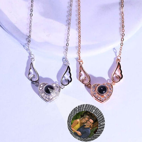 personalisierte Foto Projektion Halskette-To Lover-Herz mit Flügeln Sterling Silber