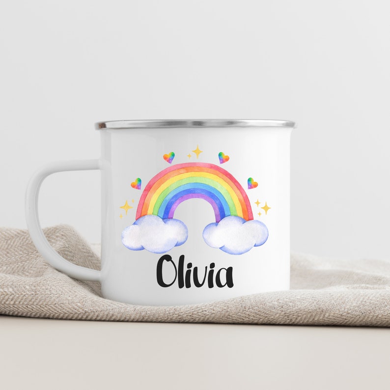 Personalized Enamel Cup with Rainbow Pattern and Name Back to School Gift