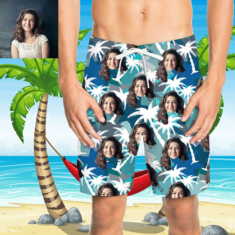 Custom Face White Coconut Tree Men's Beach Shorts