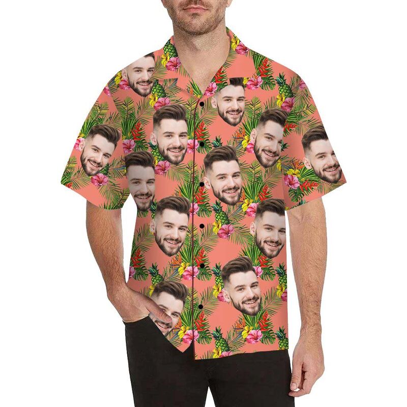 Chemise hawaïenne à impression intégrale pour hommes, avec visage personnalisé, plantes et fruits d'été