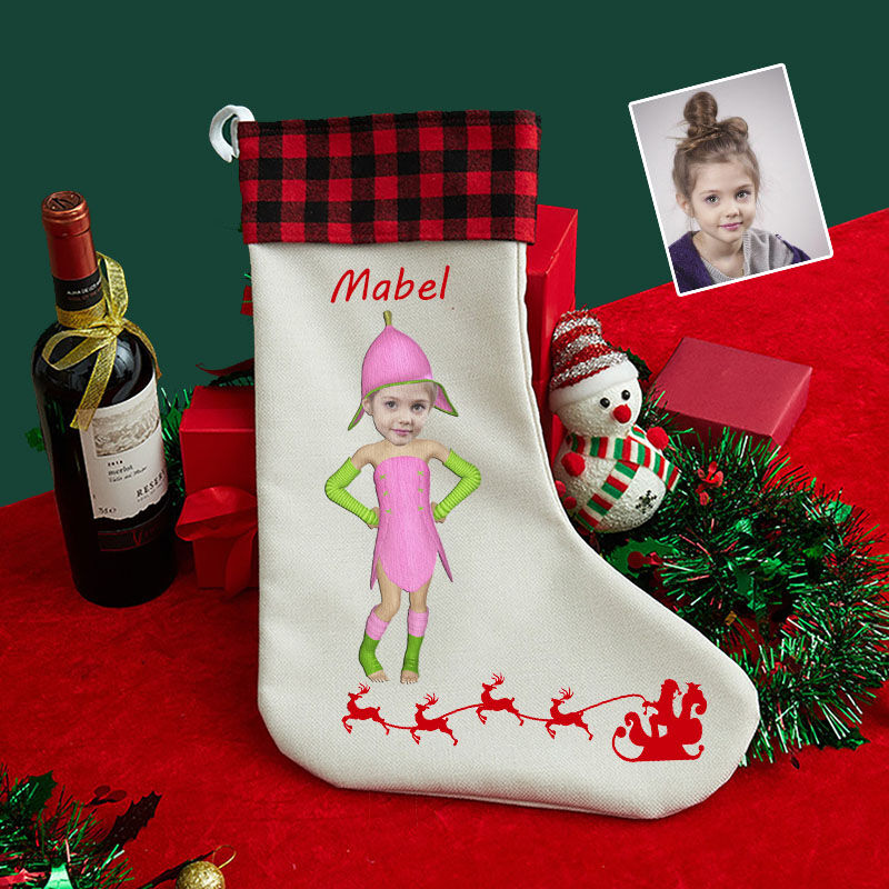 Personalized Custom Face Christmas Socking Pink Fairy Cartoon Image Christmas Gift Bag