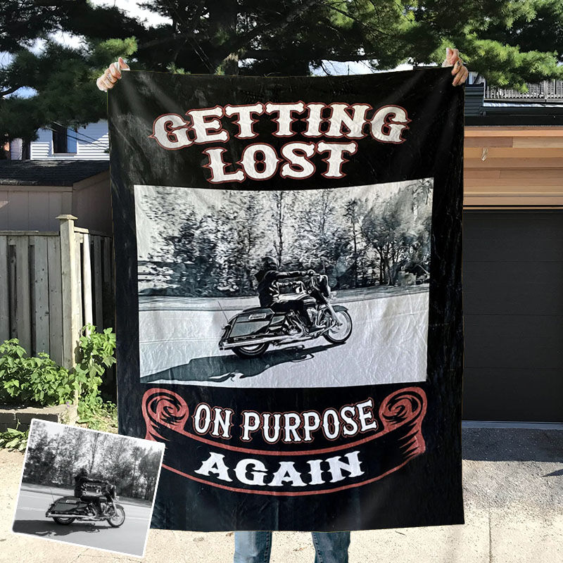 Personalized Picture Motorcycle Blanket Retro Design Style Gift for Friends "Getting Lost"