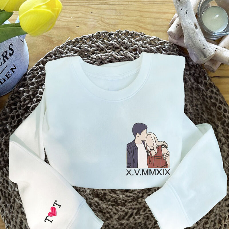 Sweatshirt personnalisé avec photo brodée et date en chiffres romains Cadeau idéal pour un anniversaire de couple
