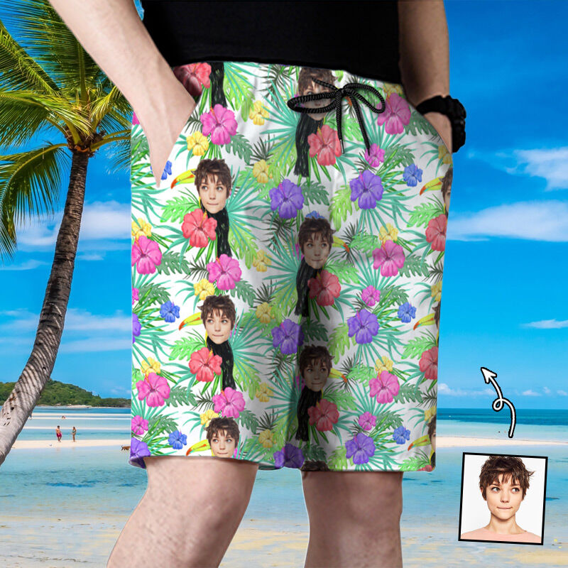 Personalized Picture Men's Beach Shorts with Purple Flowers Pattern Attractive Gift for Family