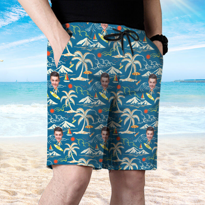 Personalized Picture Men's Beach Shorts with Surfing Pattern Cool Present for Friend