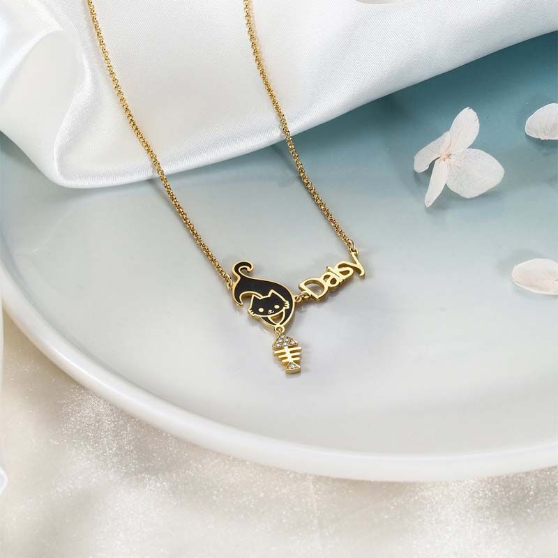 Personalized Black Cat Name Necklace with Fish Bone