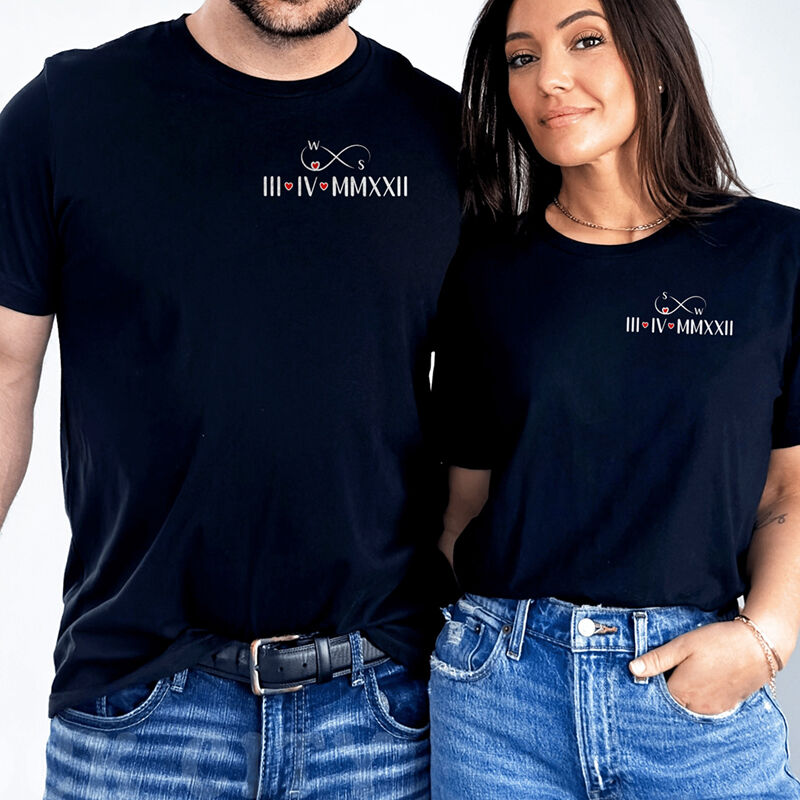 Personalized T-shirt Custom Embroidered Roman Numeral Date with Infinite Love Design Gift for Couple's Anniversary