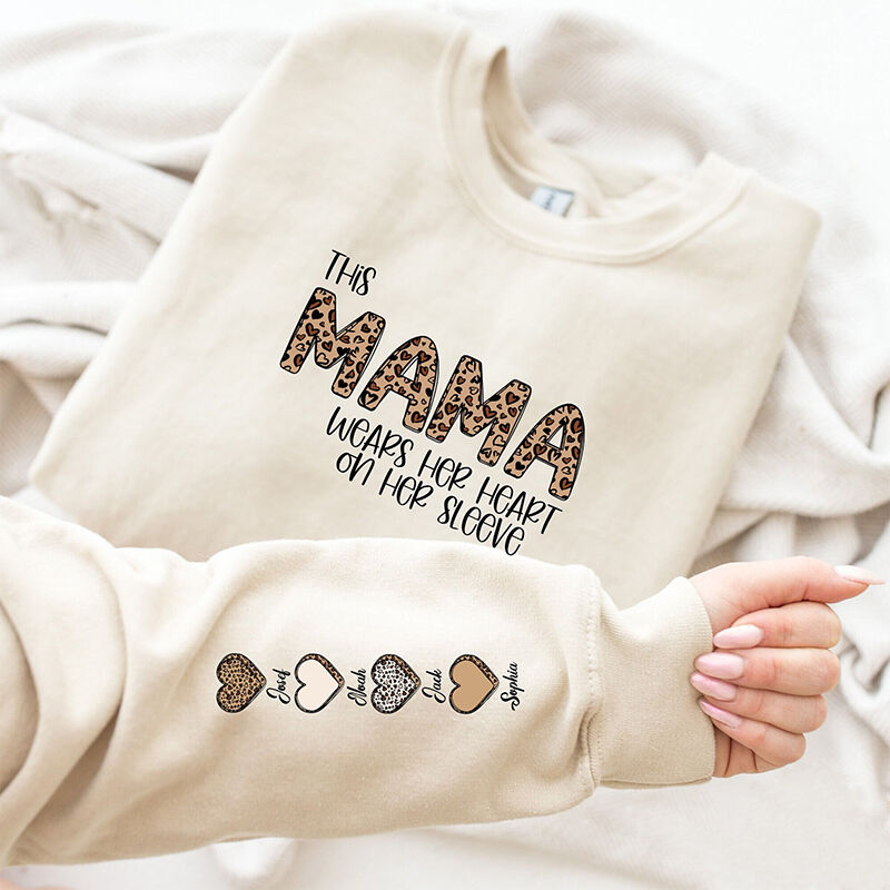 Personalized Sweatshirt This Mama Wears Her Heart On Her Sleeve with Custom Names Warm Mother's Day Gift