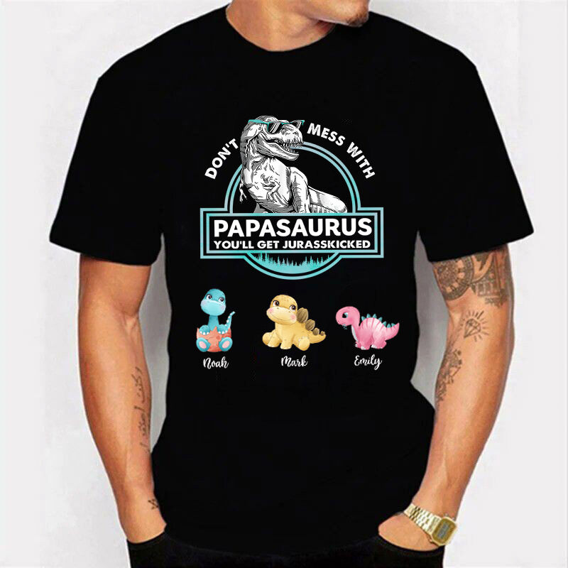 Gepersonaliseerd T-shirt Papasaurus met optioneel patroon van tekenfilmdinosaurussen Creatief cadeau voor vaderdag