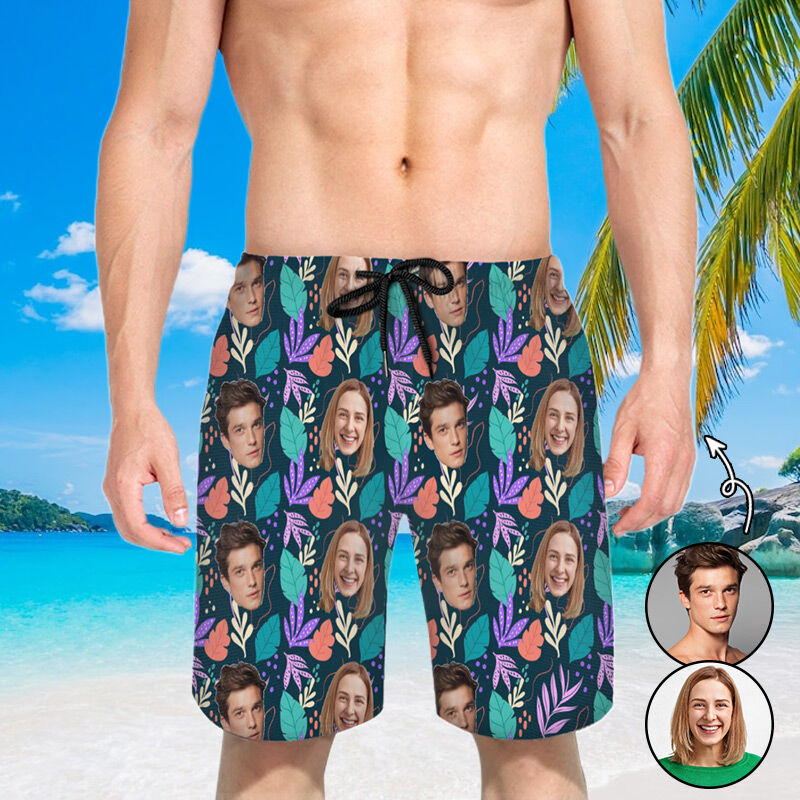 Personalized Picture Men's Beach Shorts with Beautiful Leaves Pattern Perfect Present for Family