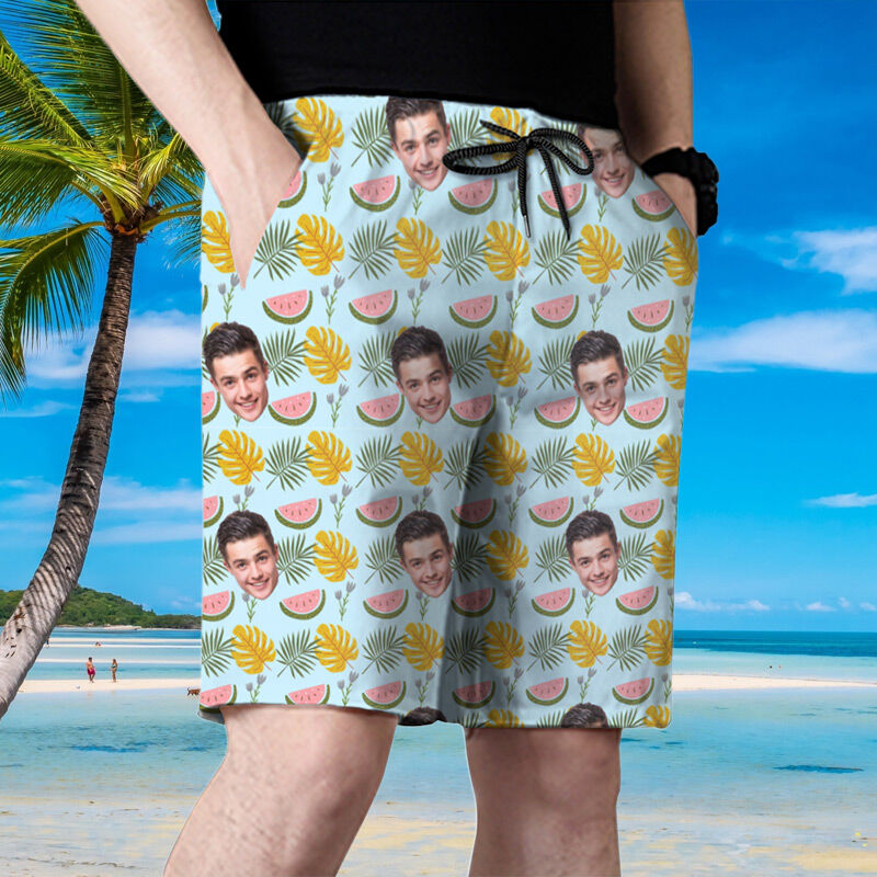 Personalized Picture Men's Beach Shorts with Watermelon Pattern Stylish Present for Boyfriend