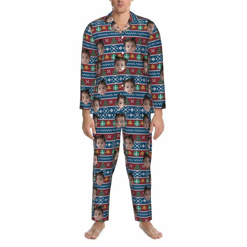 Personalized Pajamas Custom Photo Classic Christmas Elements Pattern Design Attractive Gift for Family