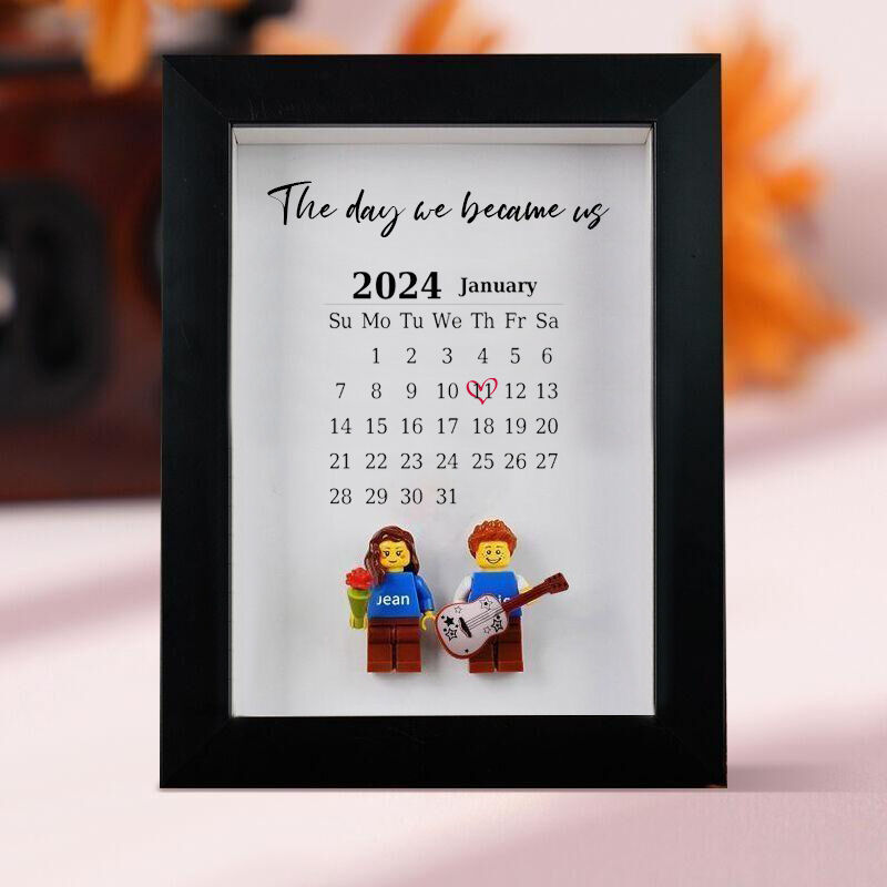 Gepersonaliseerd minifiguren fotolijstje met kalender valentijnscadeau voor koppels
