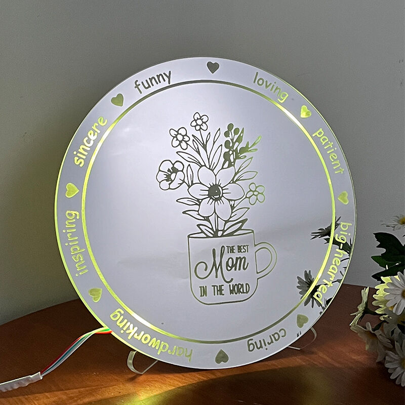 Personalisierte runde Spiegel-Lampe mit Blumenstrauß-Muster Warmes Geschenk zum Muttertag