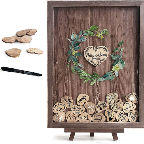 Libro degli ospiti di legno quadrato per matrimoni rustici con inserti, personalizzato con il motivo della ghirlanda di nomi
