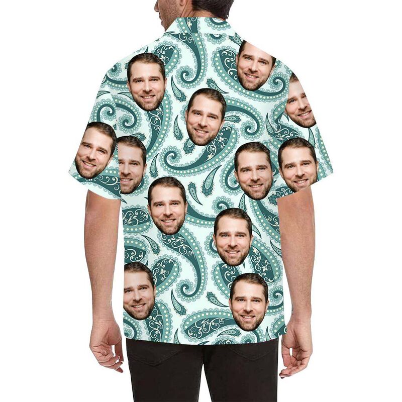 Chemise hawaïenne imprimée sur tout le corps d'un homme avec un visage personnalisé et un poisson vert