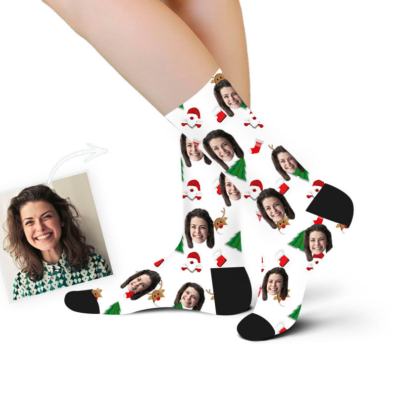 Custom Face Picture Socks Printed with Santa and Elk Head for Christmas