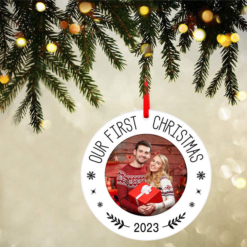 "Our First Christmas"Custom Photo Round Christmas Ornament