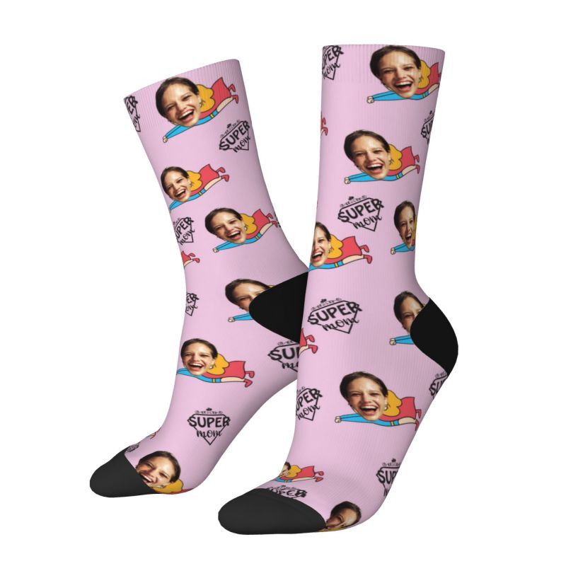 Gepersonaliseerde sokken met "Super Mom" gezicht voor Moederdag