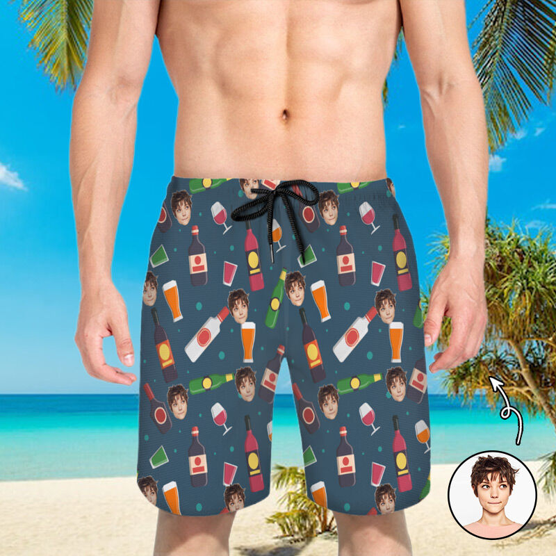 Personalized Picture Men's Beach Shorts with Beers Pattern Cool Gift for Friend