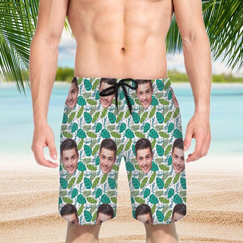 Personalized Picture Men's Beach Shorts with Green Leaves Pattern Stylish Gift for Father