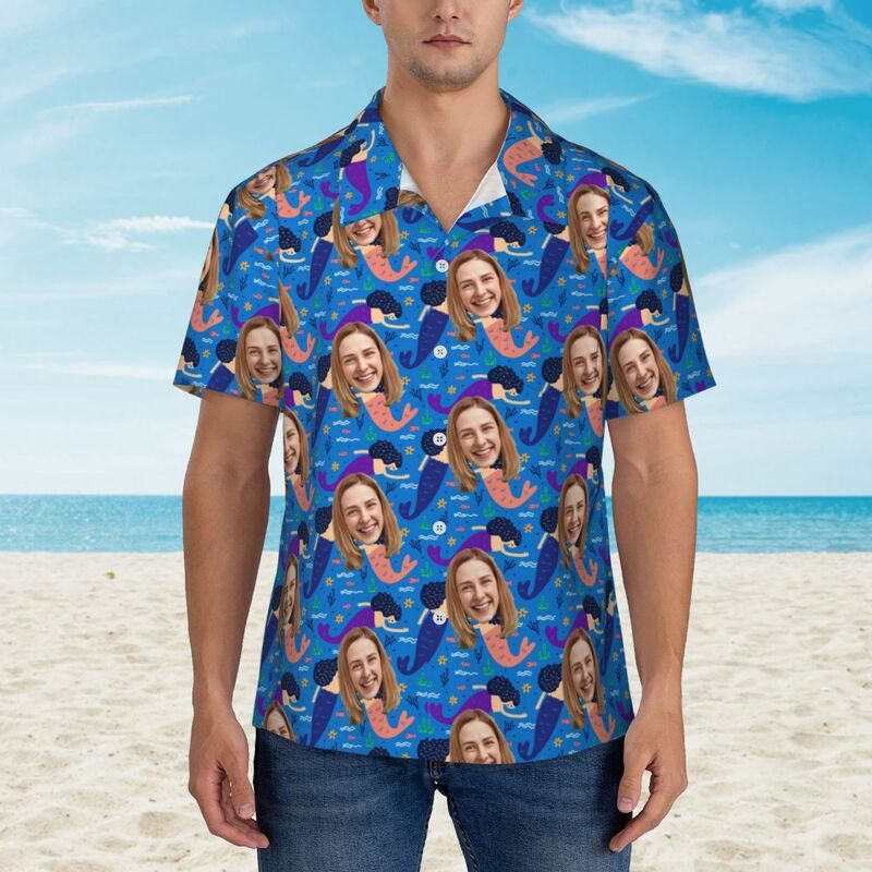 Camisa Personalizada Estilo Tropical Añadir Fotos Sirena Imprimir para Vacaciones en la Playa para Novio