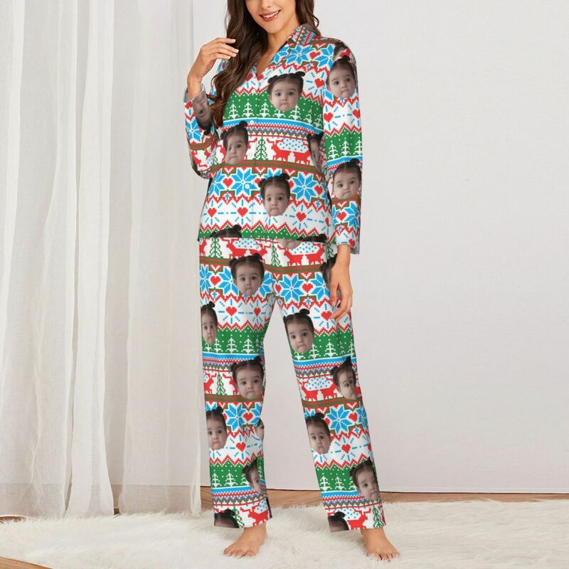 Personalisierte Pyjamas mit individuellem Foto Weihnachtselemente Helle Pixel-Stil Muster Design Geschenk für die Familie