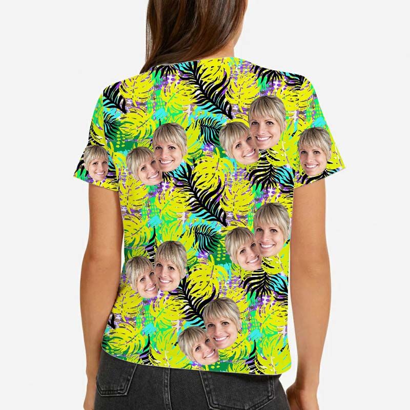 Personalized Face Hawaiian T-Shirt Printed With Yellow Leaves