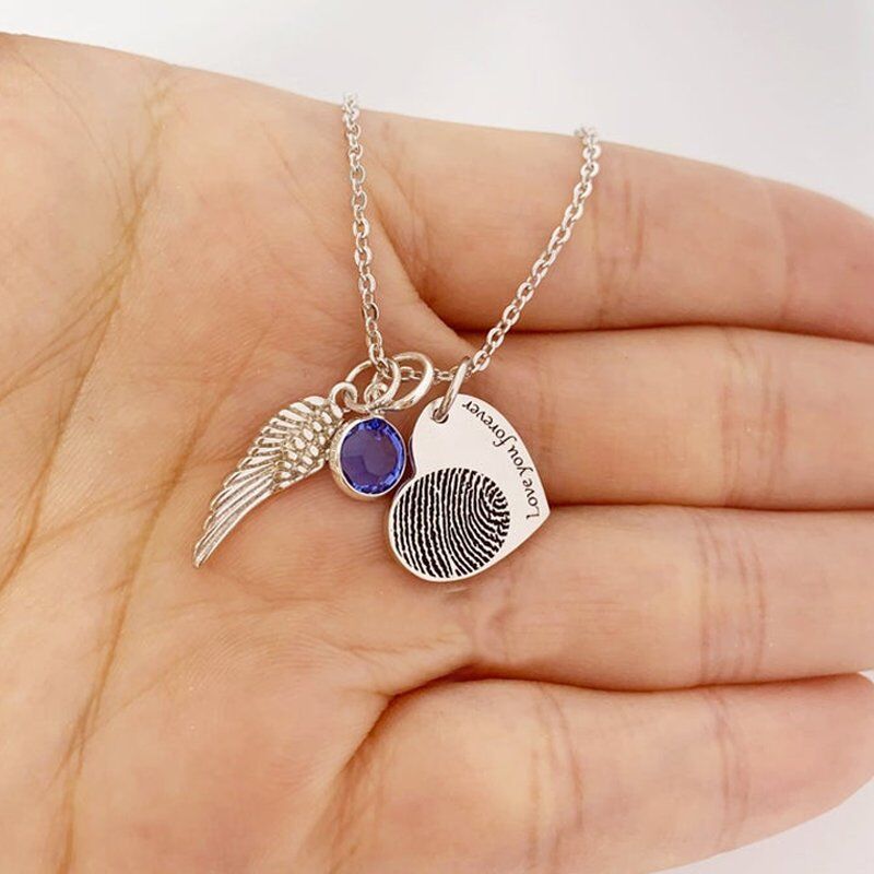 Personalised Heart Fingerprint Necklace with Birthstone& Handwriting