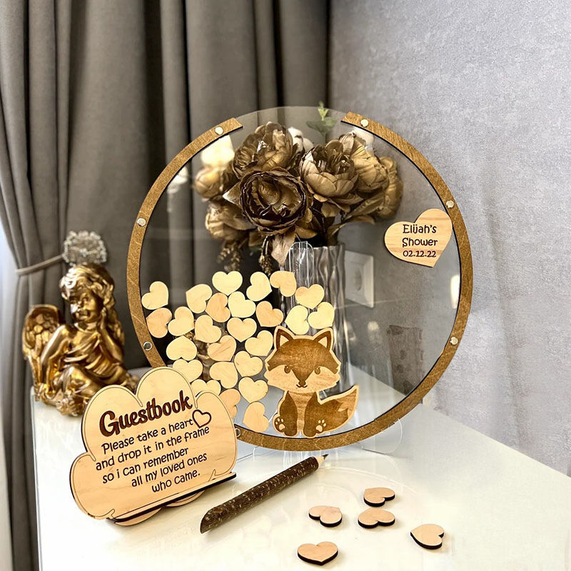 Livre d'or en bois acrylique personnalisé en forme de renard avec boîte d'encarts.