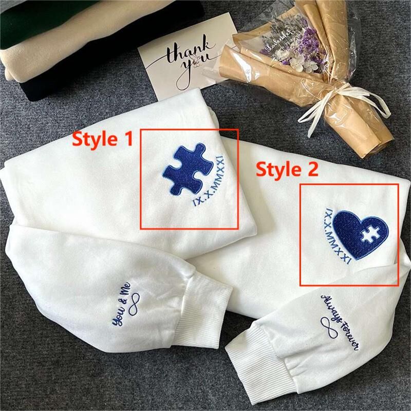 Personalized Sweatshirt Custom Embroidered Heart and Puzzle with Roman Numeral Date for Lover's Anniversary