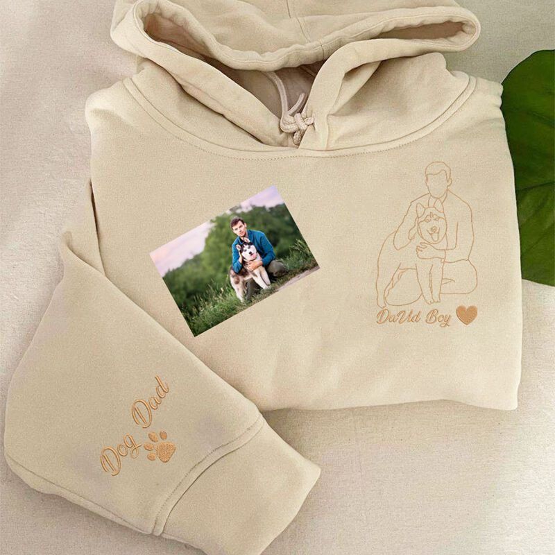 Personalized Hoodie Custom Embroidered Photo Line Drawing of Pet and People Gift for Pet Loving Dad