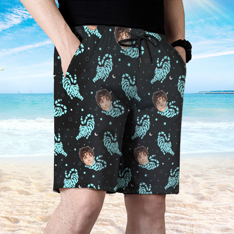 Personalized Picture Men's Beach Shorts with Tiger Pattern Cool Present for Brother