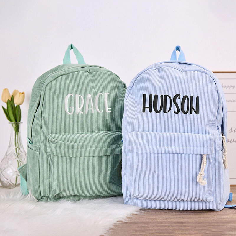 Customized Kids Backpack Corduroy School Bag with Embroidered Name for Students