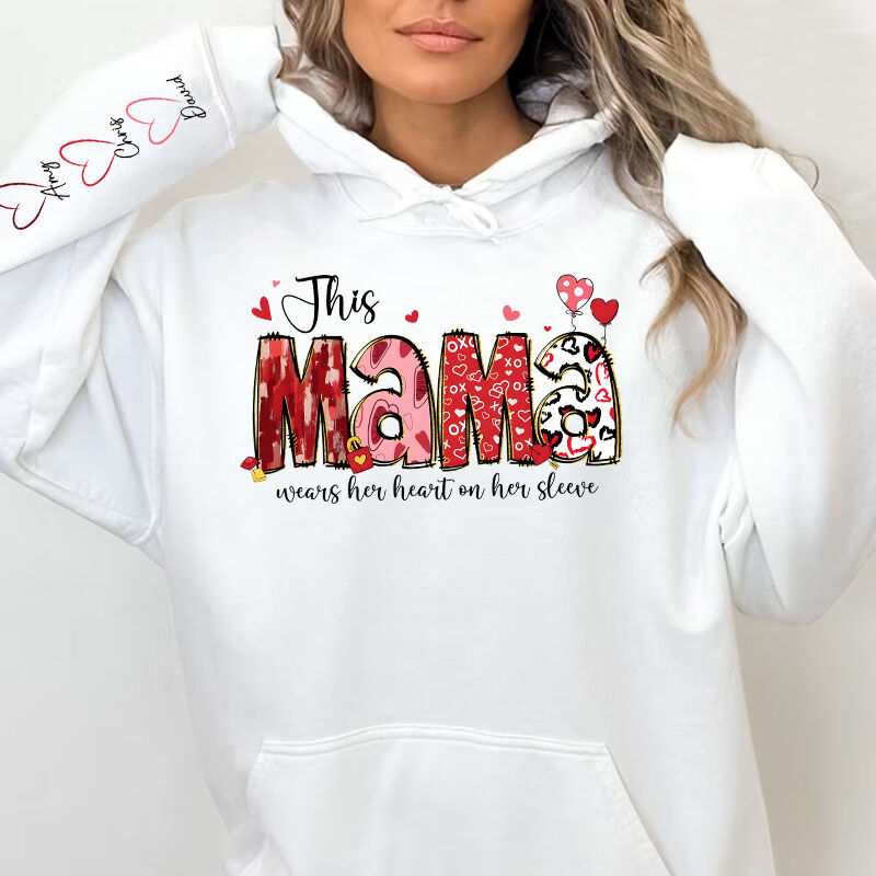 Personalized Hoodie This Mama Wears Her Heart On Her Sleeve Cute Red Design Perfect Mother's Day Gift