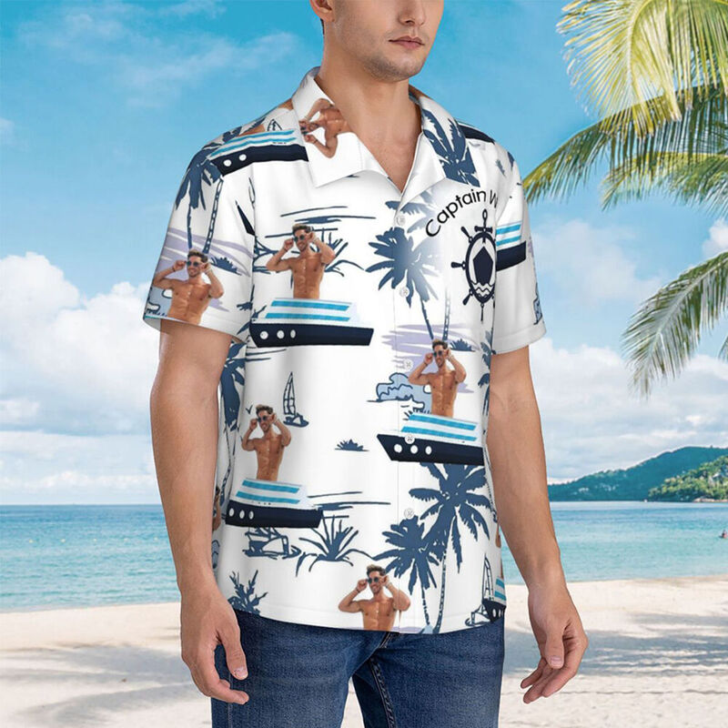 Personalized Hawaiian Shirt with Boat Print Funny Captain Title Short Sleeve Shirt Gift for Men