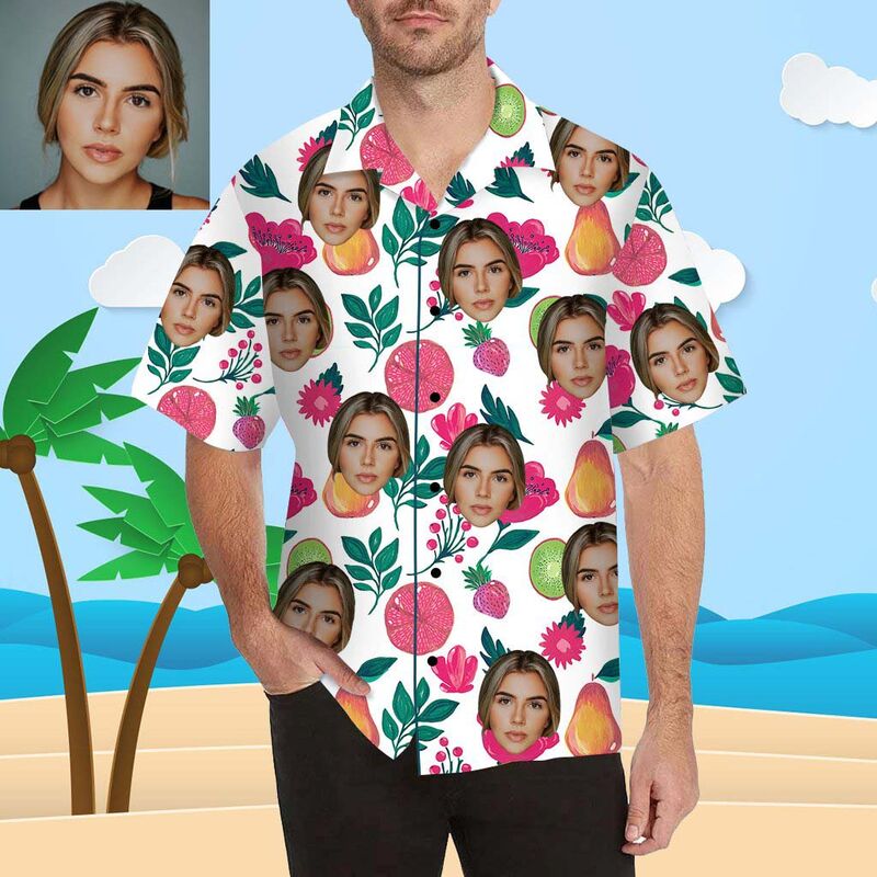 Chemise hawaïenne à impression intégrale pour hommes avec visage personnalisé fruits et fleurs