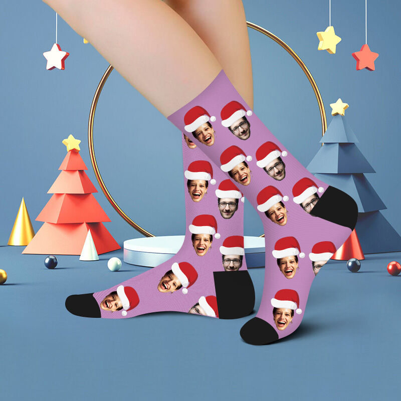 Personalized Face Picture Socks Printed with Santa Hat for Christmas