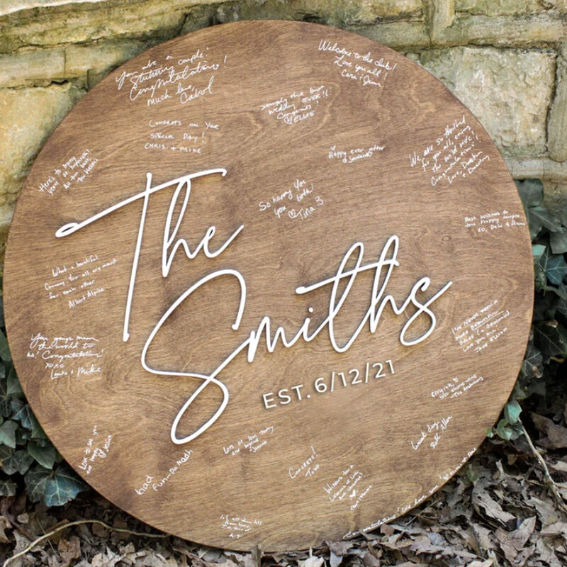 Personalized Round Wooden Guest Book Custom Last Name For Couples