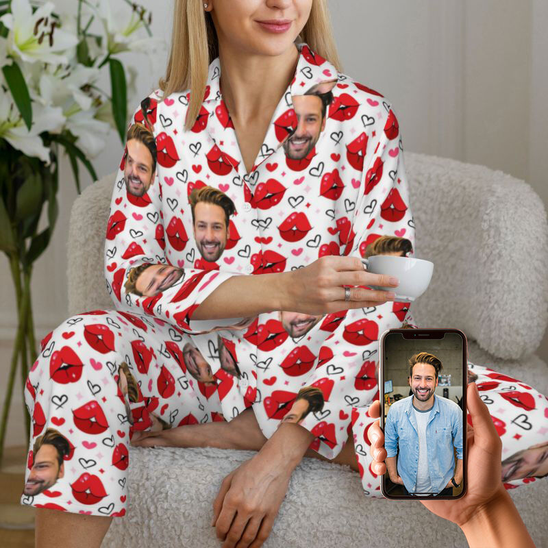 Personalized Pajamas Custom Couple Photo Hot Kiss Heart Pattern Design Perfect Gift for Lovers