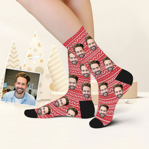 Custom Face Picture Socks Printed with Christmas Totem for Couple
