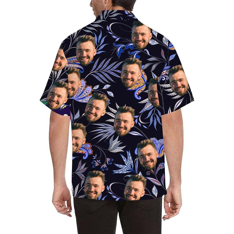 Custom Face Blue Purple Flowers Men's All Over Print Hawaiian Shirt
