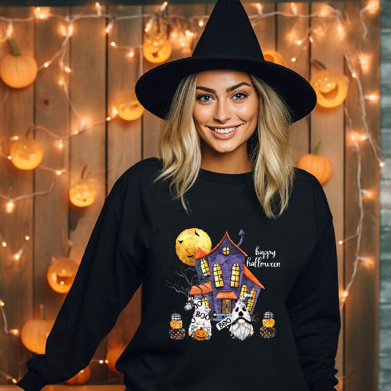 Charismatic Sweatshirt with Horror Haunted House Pattern Spooky Halloween Present