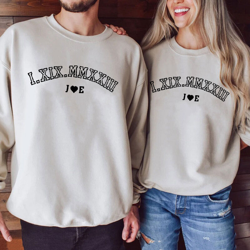 Personalized Sweatshirt Custom Embroidered Roman Numeral Date and Letters Unique Gift for Couple's Anniversary