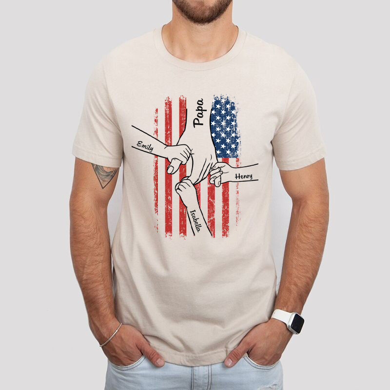 Personalized T-shirt Hold Your Hand with Stars and Stripes Pattern Custom Names Attractive Gift for Father's Day
