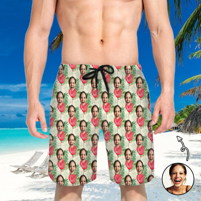 Shorts de plage Photo personnalisée  pour homme avec motif flamant rose Cadeau simple pour la famille