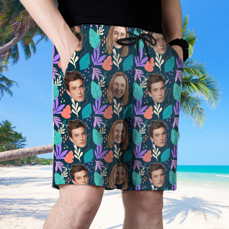 Personalized Picture Men's Beach Shorts with Beautiful Leaves Pattern Perfect Present for Family