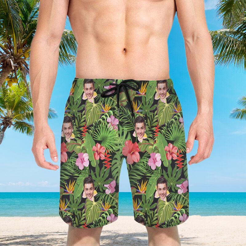 Personalized Picture Men's Beach Shorts with Palm Leaves Pattern Alluring Gift for Brother