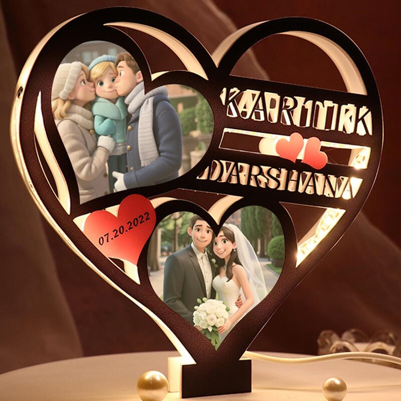Personalized Heart Shaped Night Light Custom Cartoon Style Photos And Names Cute Gifts For Couples